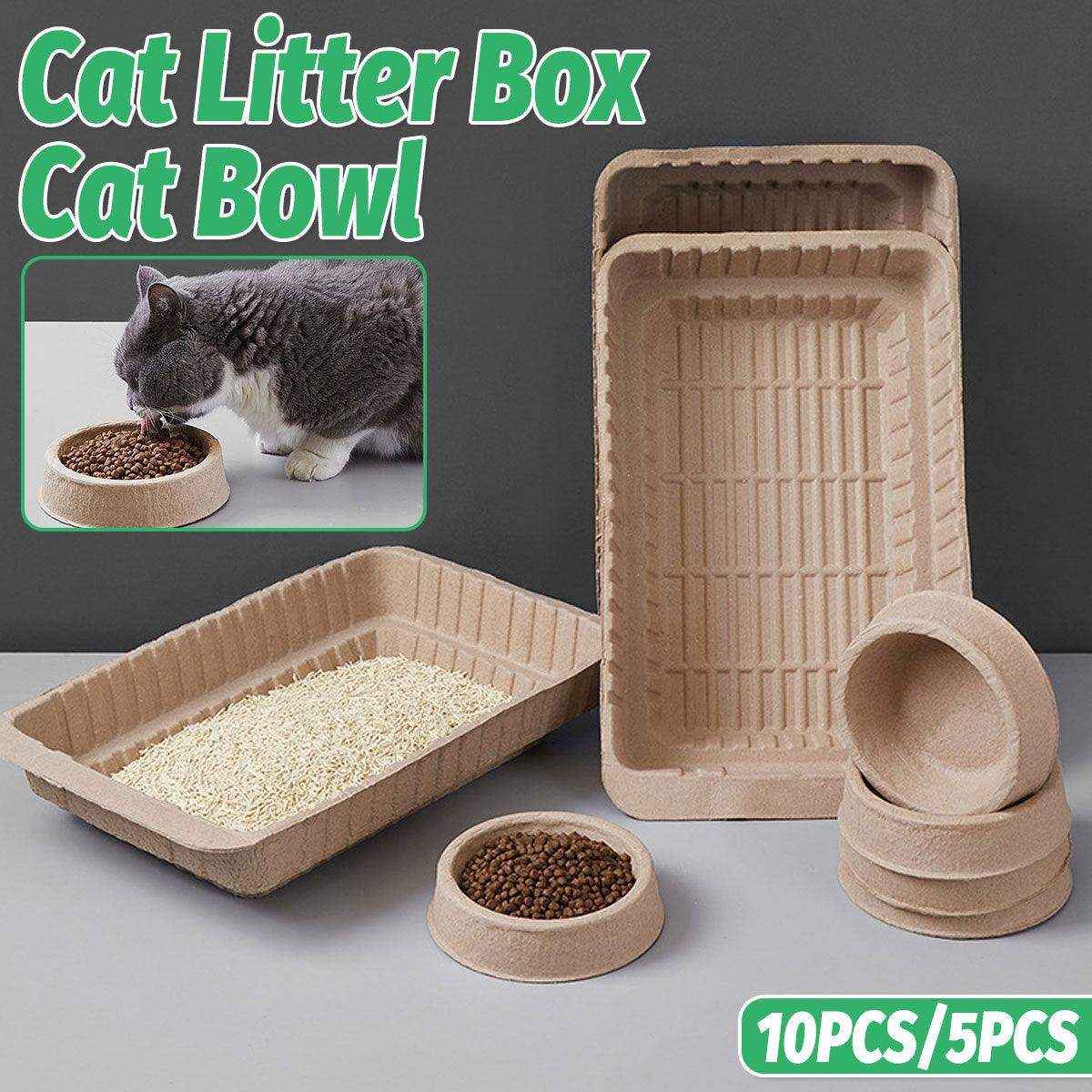 Eco-friendly disposable litter tray and feeding bowl set for cats