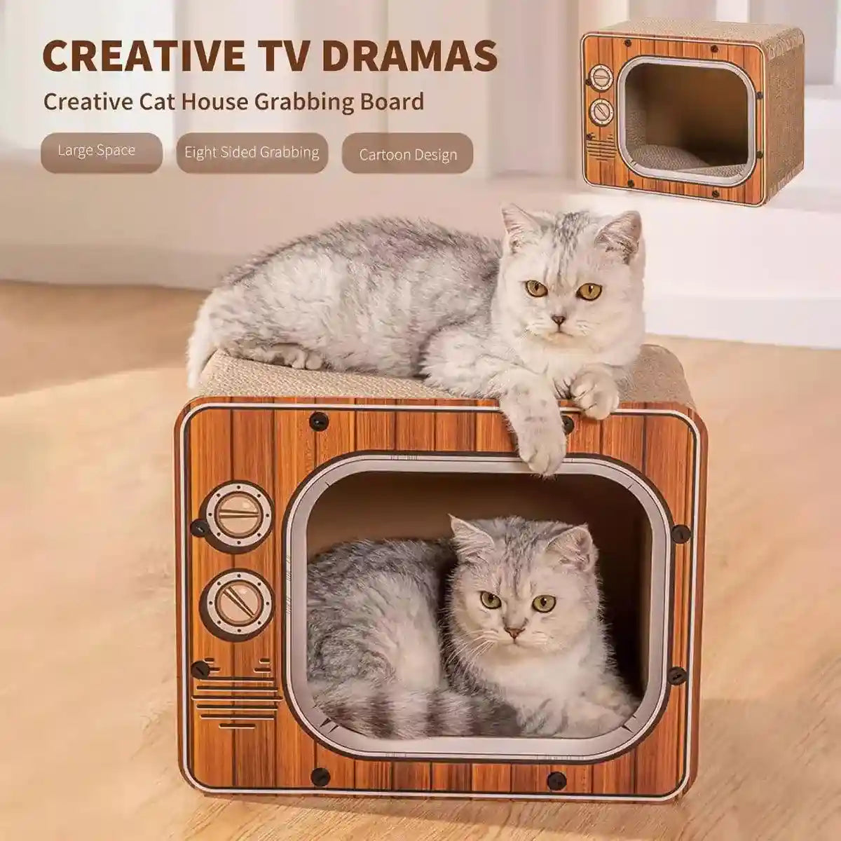 Retro TV Style Lounger with Cardboard Cat Scratcher Nest for Indoor Cats