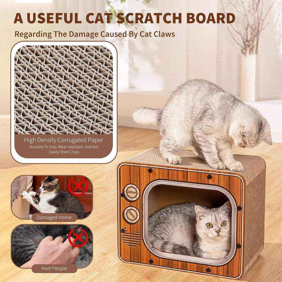 Retro TV Style Lounger with Cardboard Cat Scratcher Nest for Indoor Cats