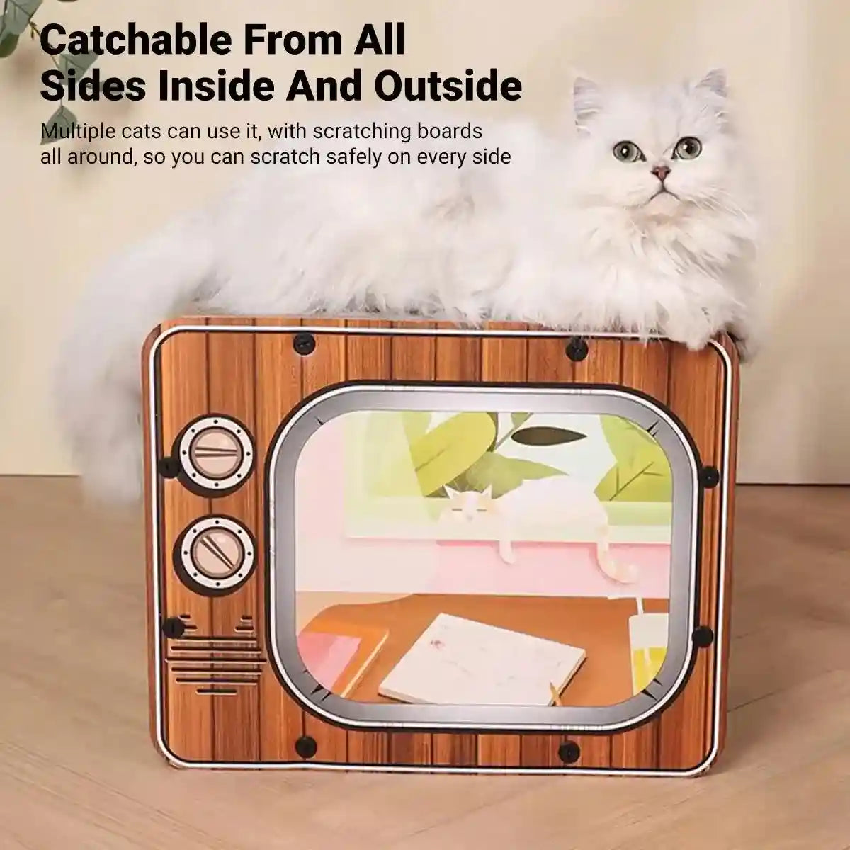Retro TV Style Lounger with Cardboard Cat Scratcher Nest for Indoor Cats