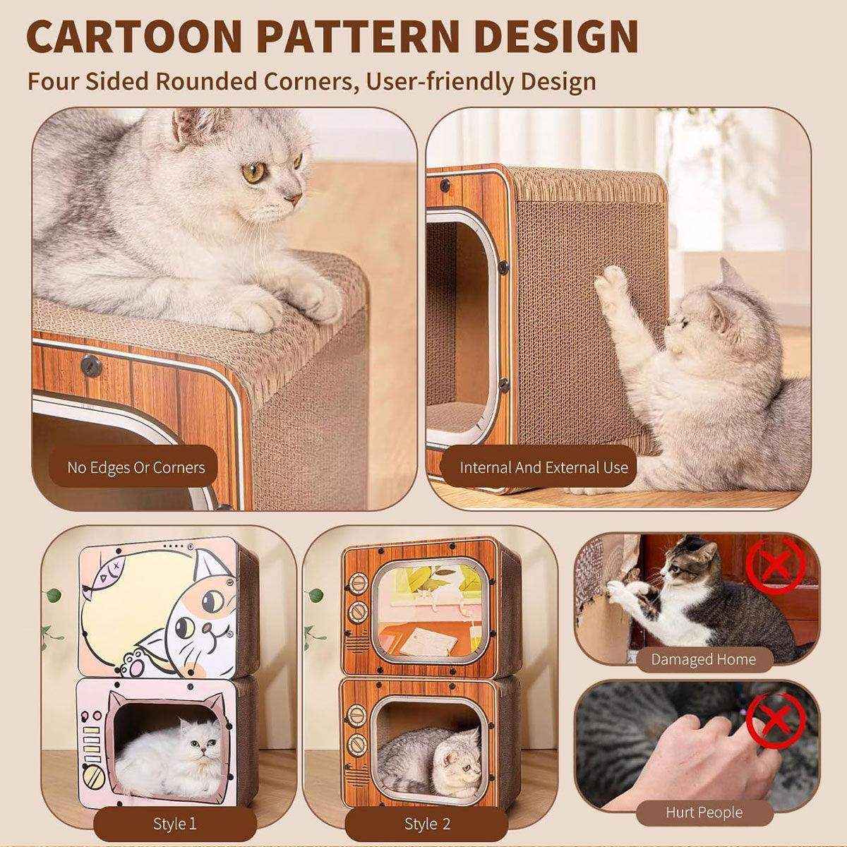 Retro TV Style Lounger with Cardboard Cat Scratcher Nest for Indoor Cats