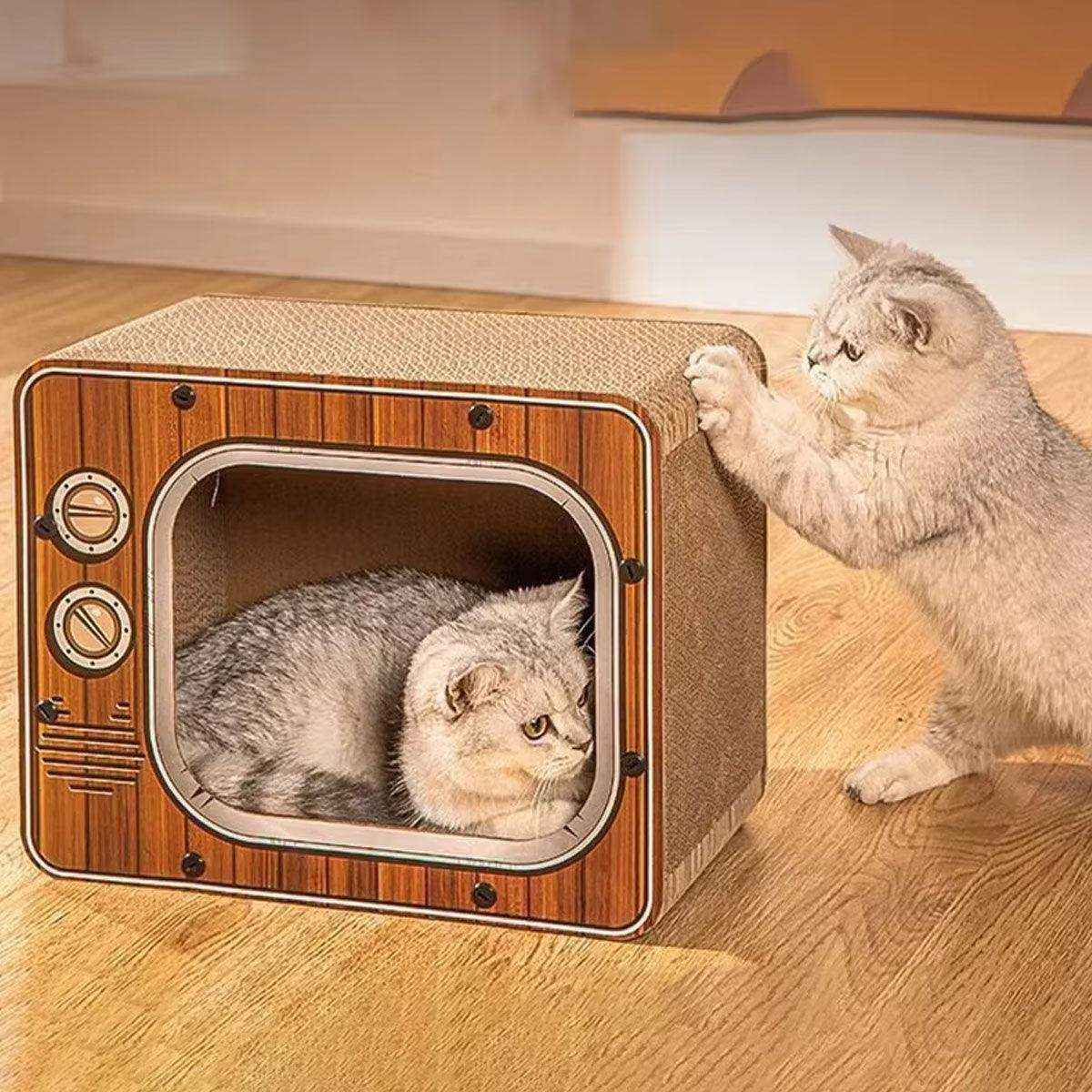 Retro TV Style Lounger with Cardboard Cat Scratcher Nest for Indoor Cats