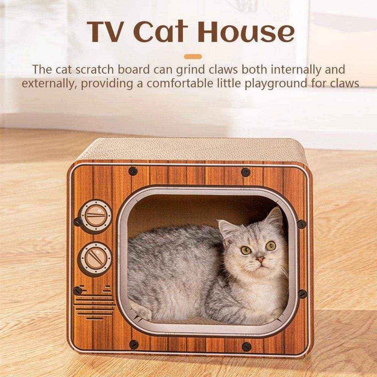 Retro TV Style Lounger with Cardboard Cat Scratcher Nest for Indoor Cats