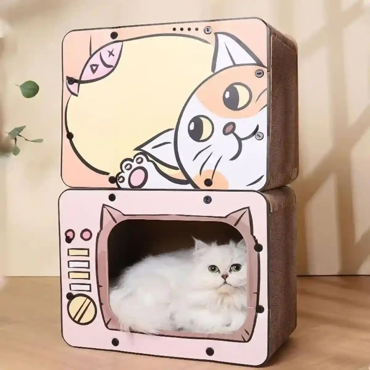 Retro TV Style Lounger with Cardboard Cat Scratcher Nest for Indoor Cats