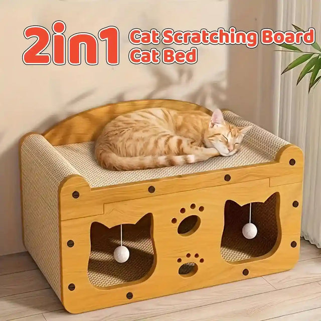 Durable cat scratching bed with wooden frame and interactive plush balls for cats.