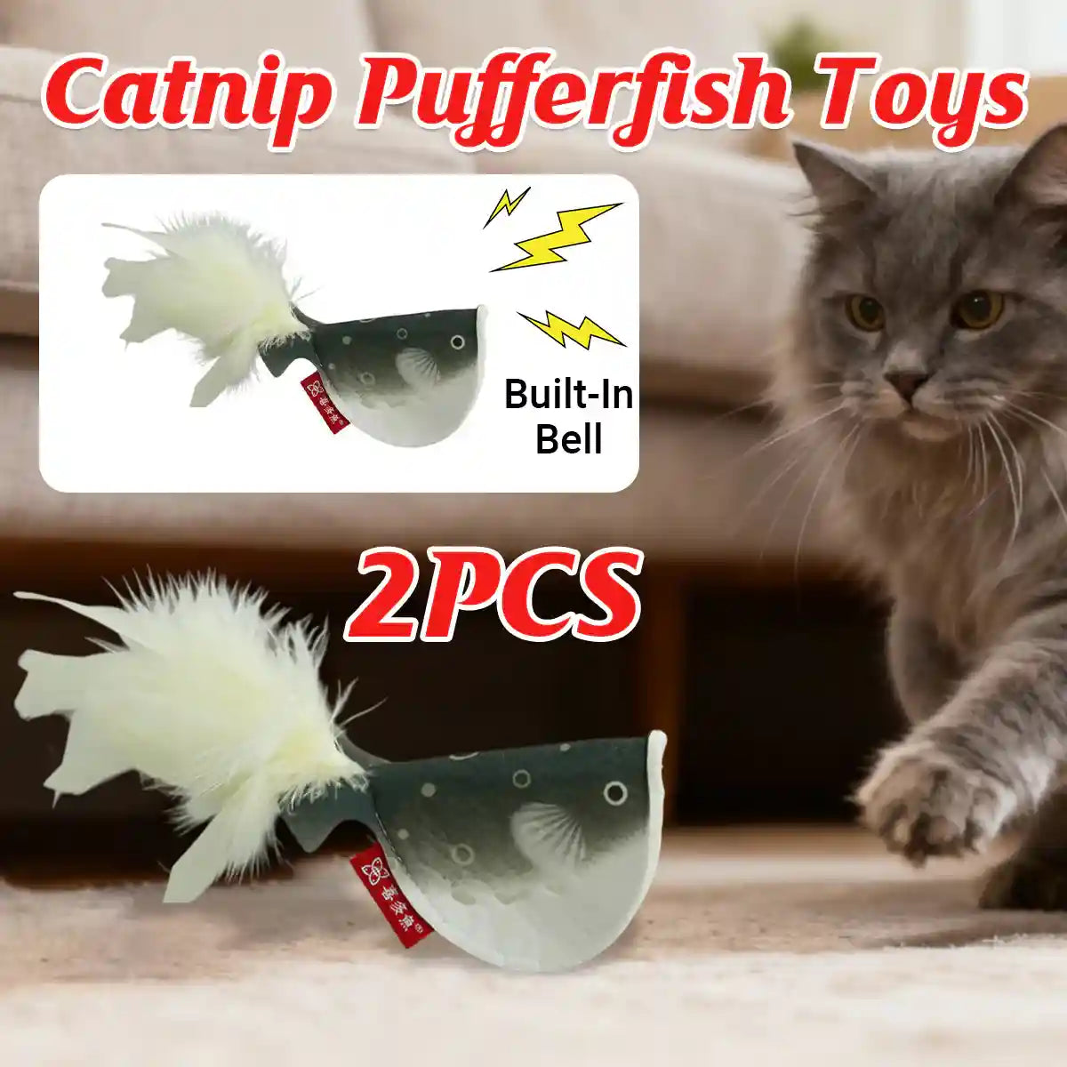 Catnip Pufferfish Toy with Bell & Feathers