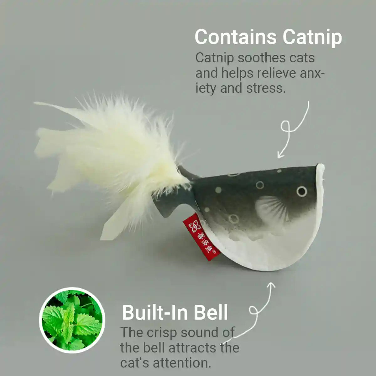 Catnip Pufferfish Toy with Bell & Feathers