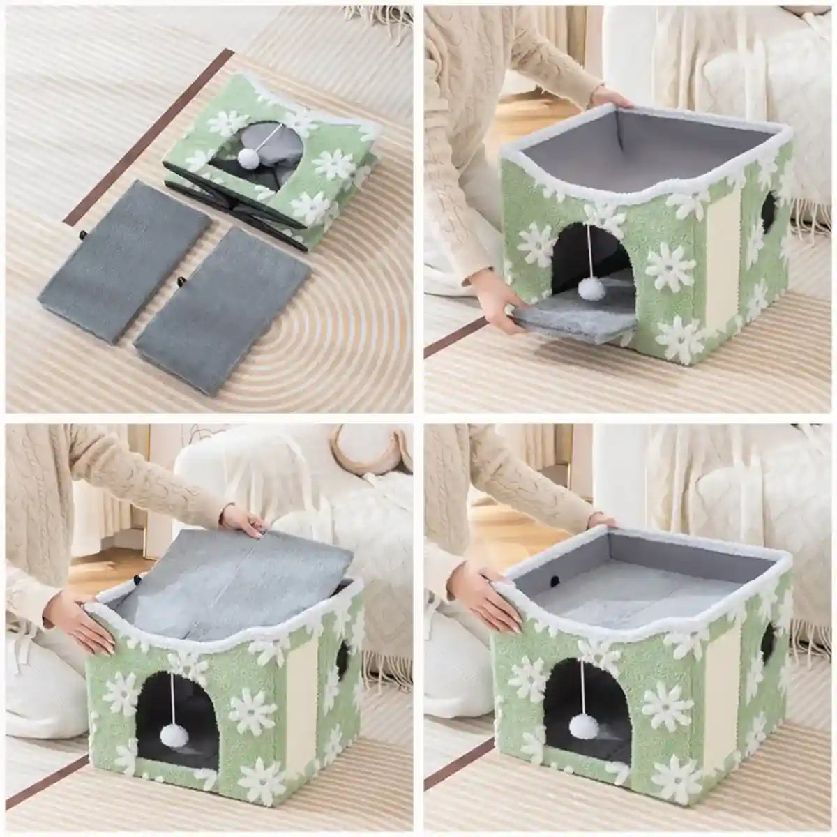 Soft Foldable Cat Bed with Scratcher & Toy