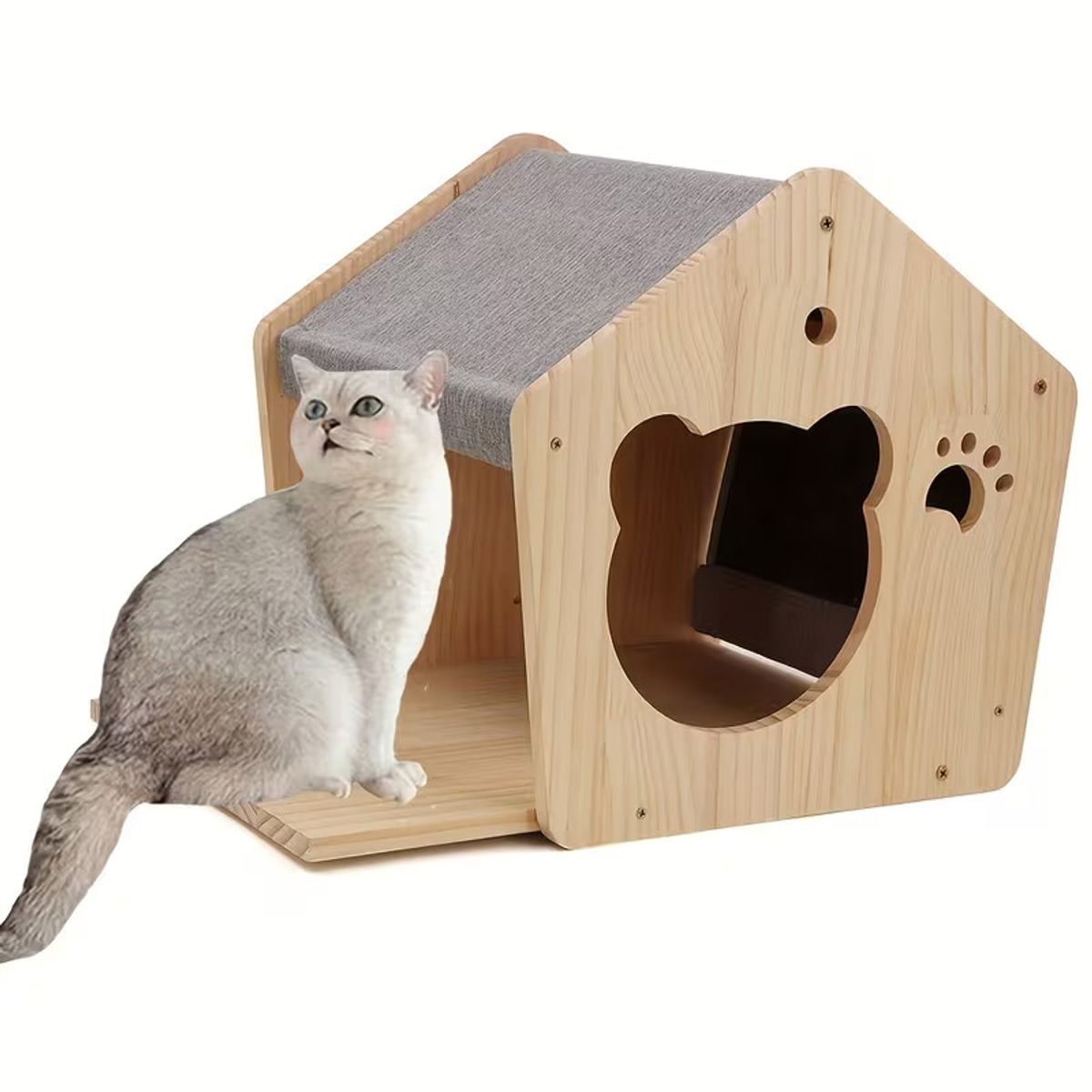 Natural Wood Cat House with Scratchable Roof