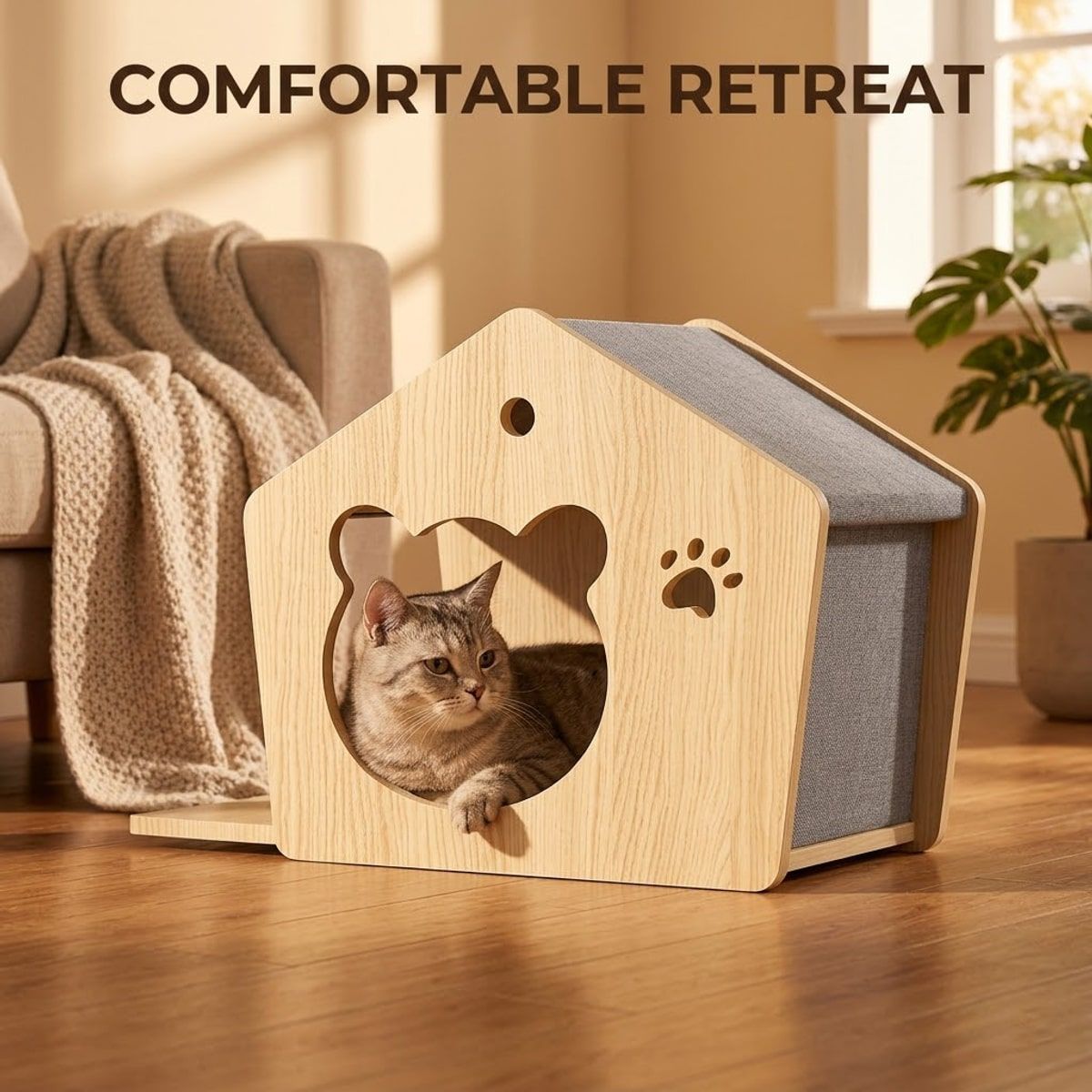 Natural Wood Cat House with Scratchable Roof
