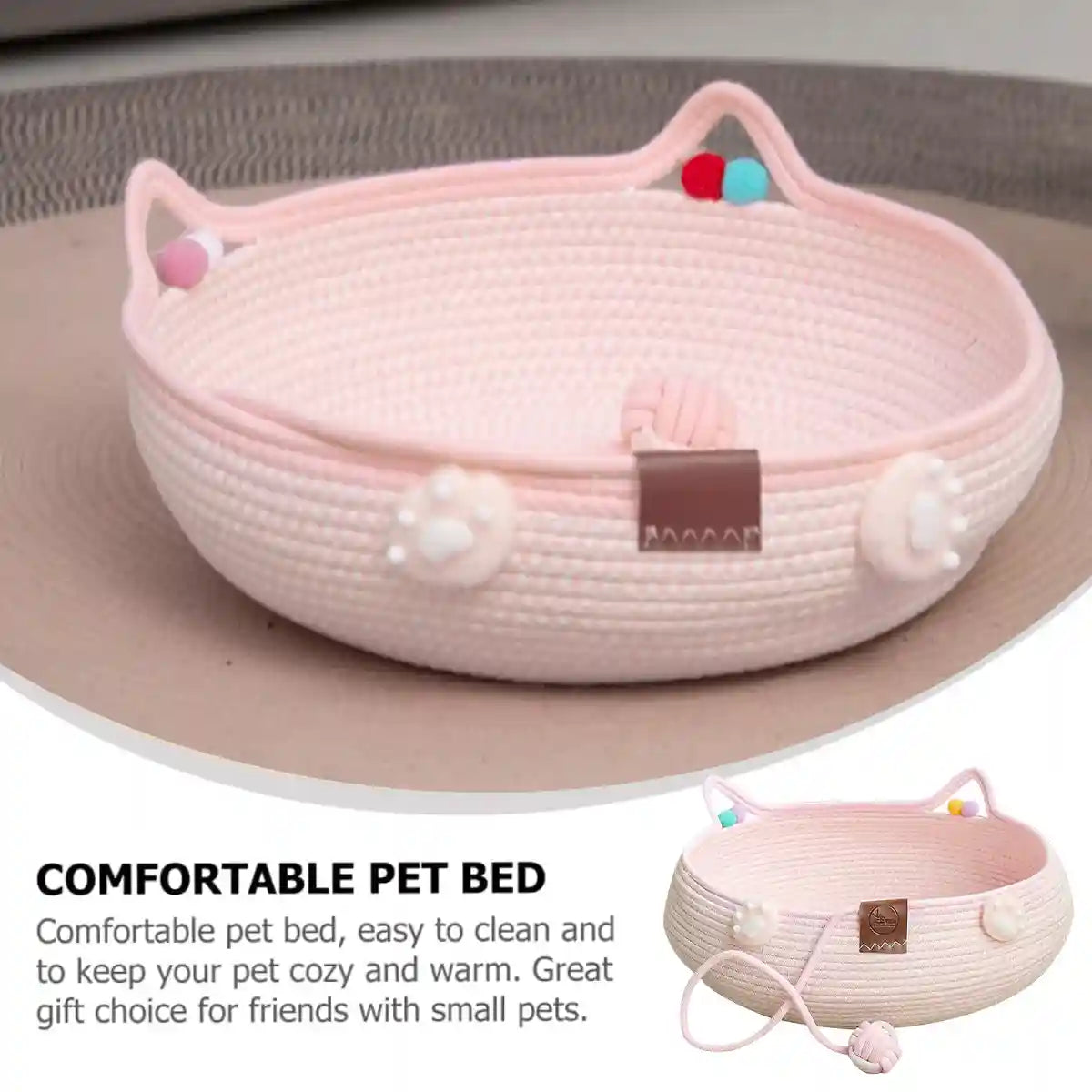 Hand-Woven Cotton Cat Nest Bed with Toy Ball for Kittens Pink