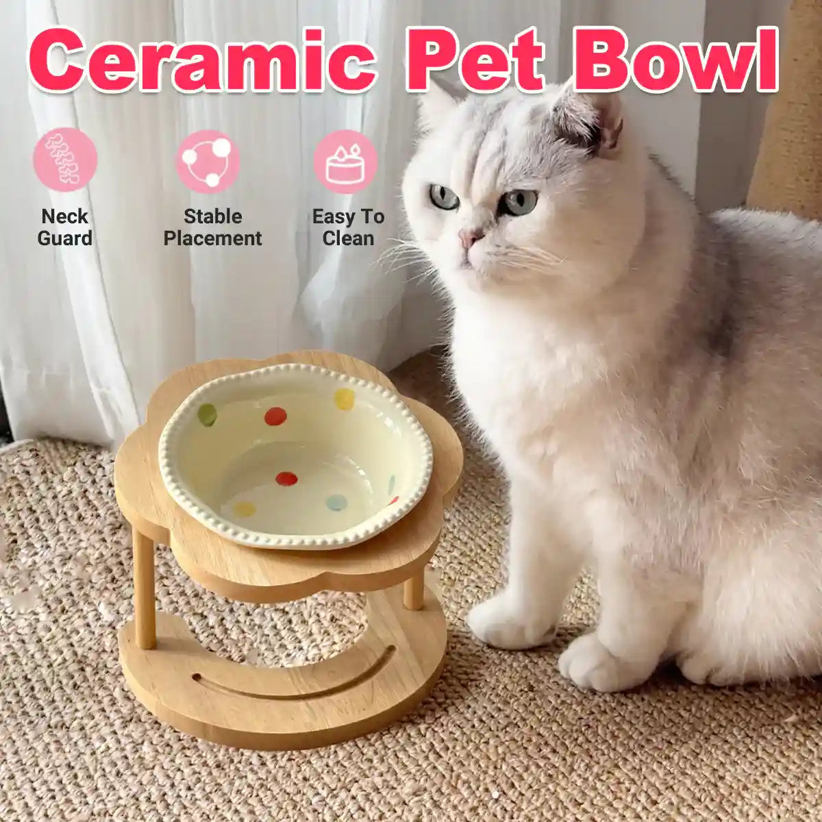 Ceramic Pet Bowl With Elevated Wooden Stand Hygienic & Stable Feeder