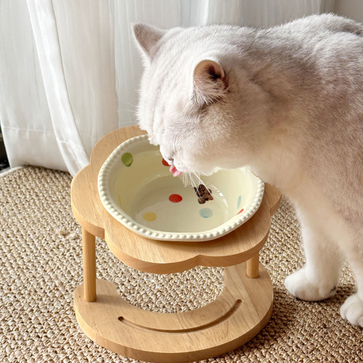 Ceramic Pet Bowl With Elevated Wooden Stand Hygienic & Stable Feeder