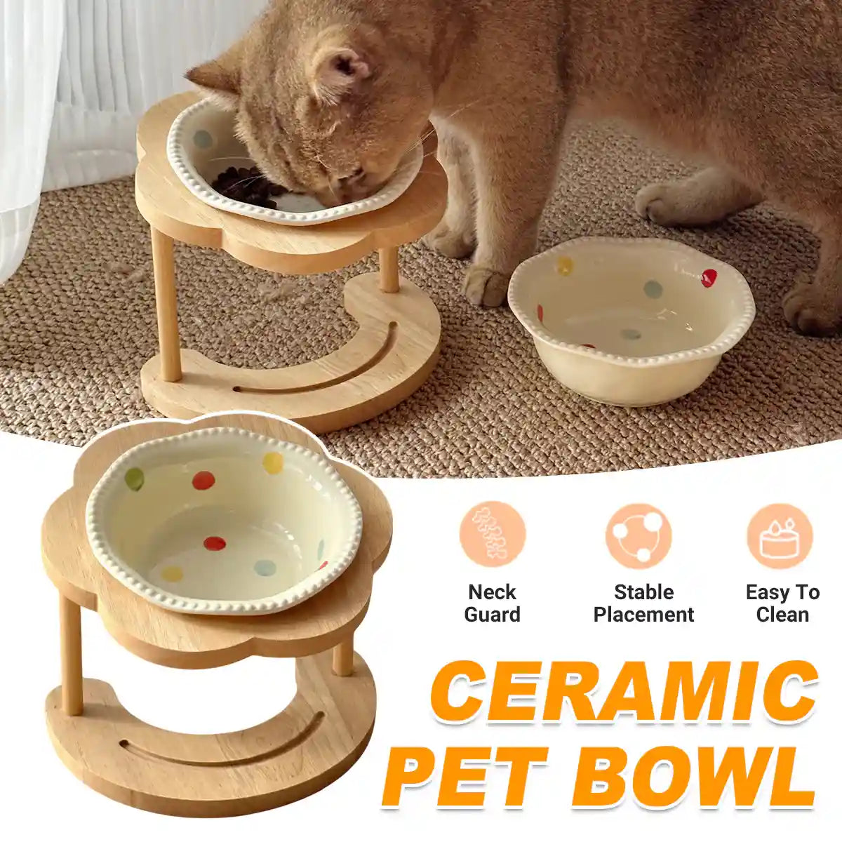 Ceramic Pet Bowl With Elevated Wooden Stand Hygienic & Stable Feeder