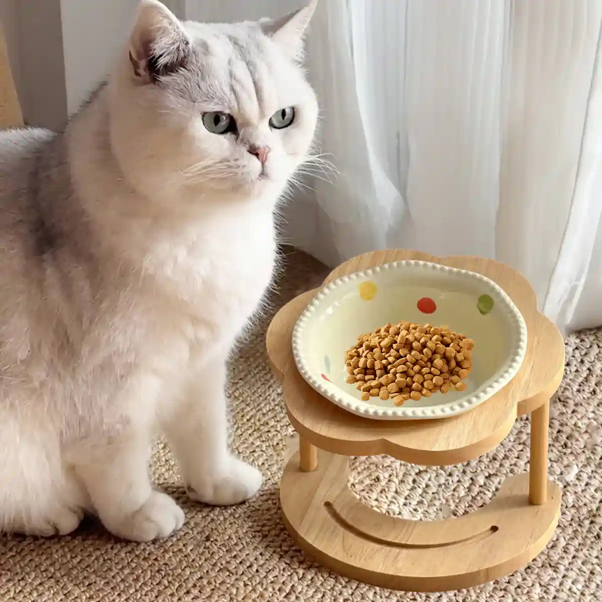 Ceramic Pet Bowl With Elevated Wooden Stand Hygienic & Stable Feeder