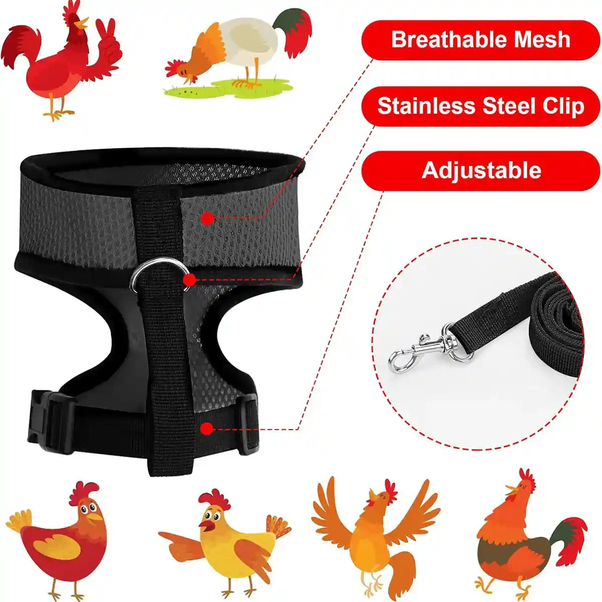Adjustable Chicken Harness with Leash Breathable Mesh Vest for Poultry