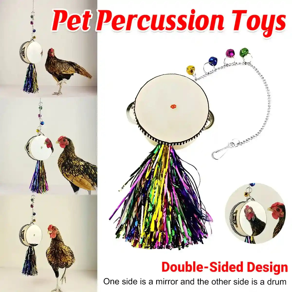 Interactive chicken toys for coop with mirror, drum, and hanging bells