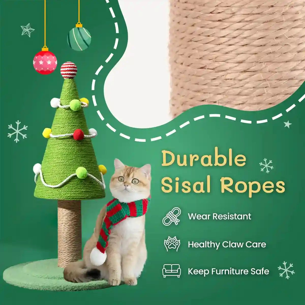 Christmas Tree Cat Scratching Post With Sisal Rope And Plush Base