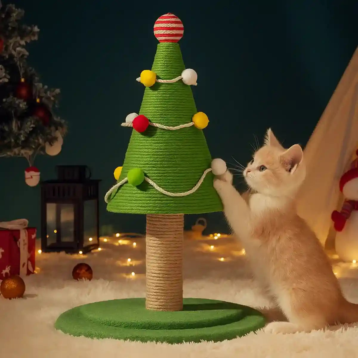Christmas Tree Cat Scratching Post With Sisal Rope And Plush Base