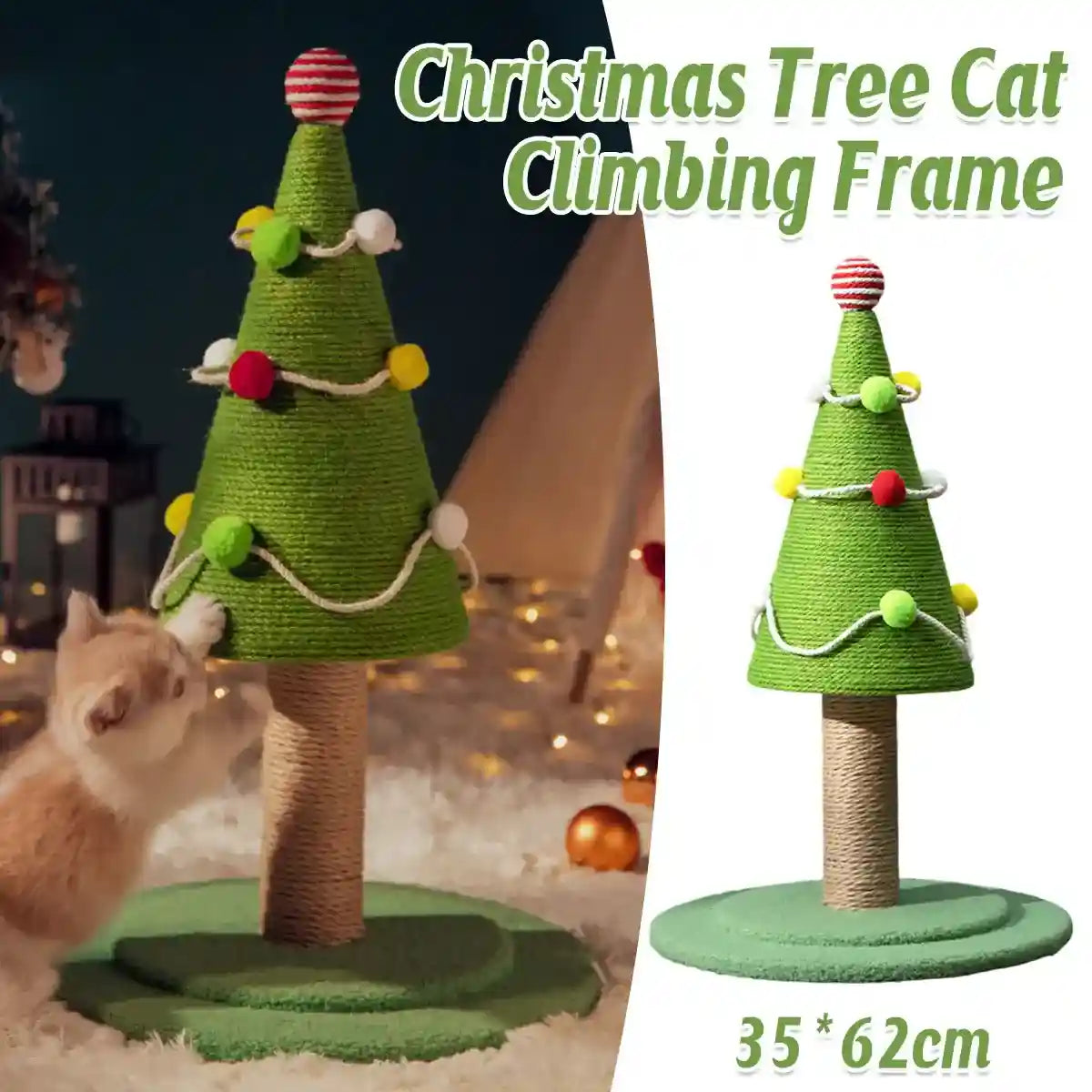 Christmas Tree Cat Scratching Post With Sisal Rope And Plush Base
