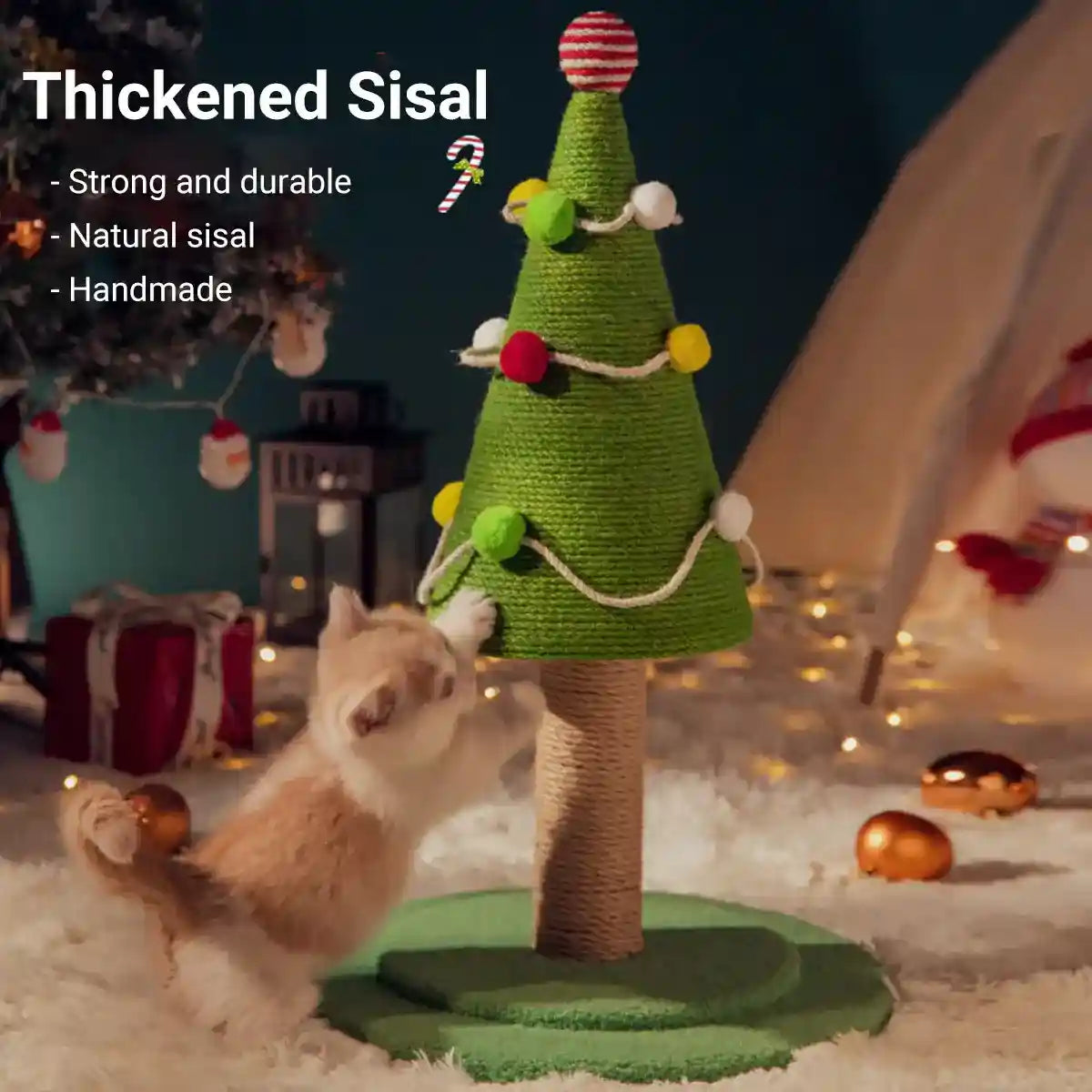 Christmas Tree Cat Scratching Post With Sisal Rope And Plush Base