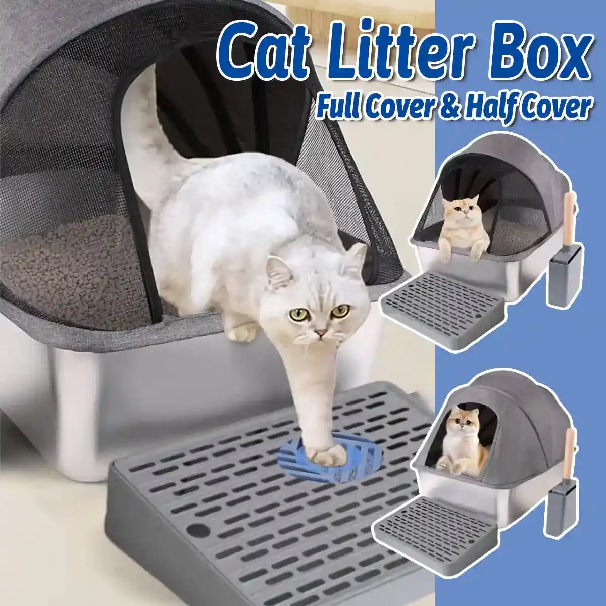 Stainless Steel Cat Litter Box with Covered Canopy & Anti-Tracking Mat