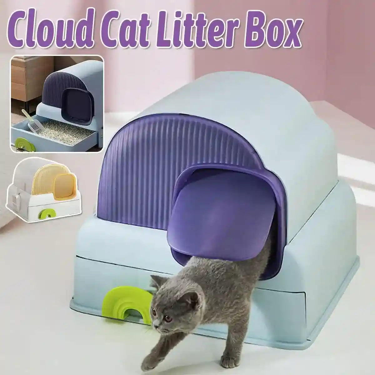 Foldable cloud-style enclosed cat litter box with drawer tray