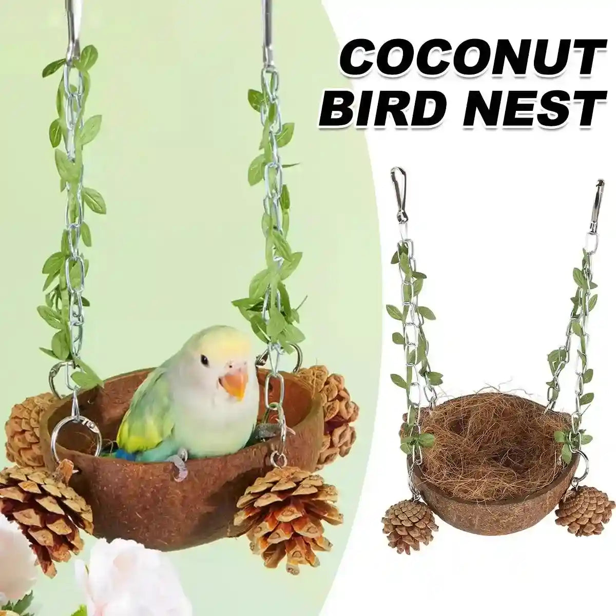Coconut Bird's Nest for Parrots Natural Habitat with Swing & Hammock