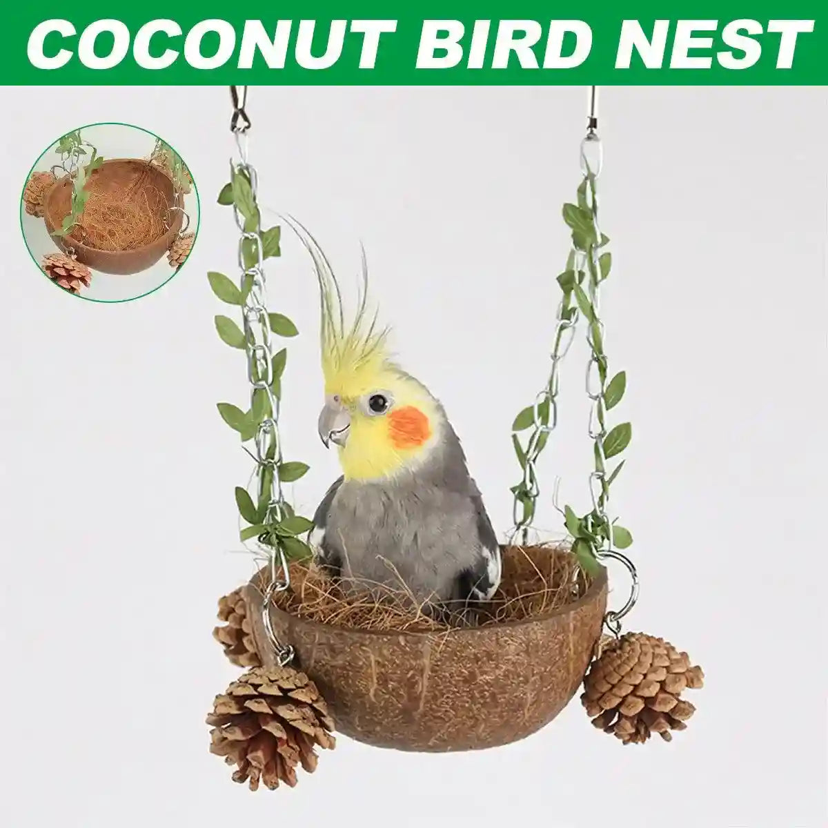 Coconut Bird's Nest for Parrots Natural Habitat with Swing & Hammock
