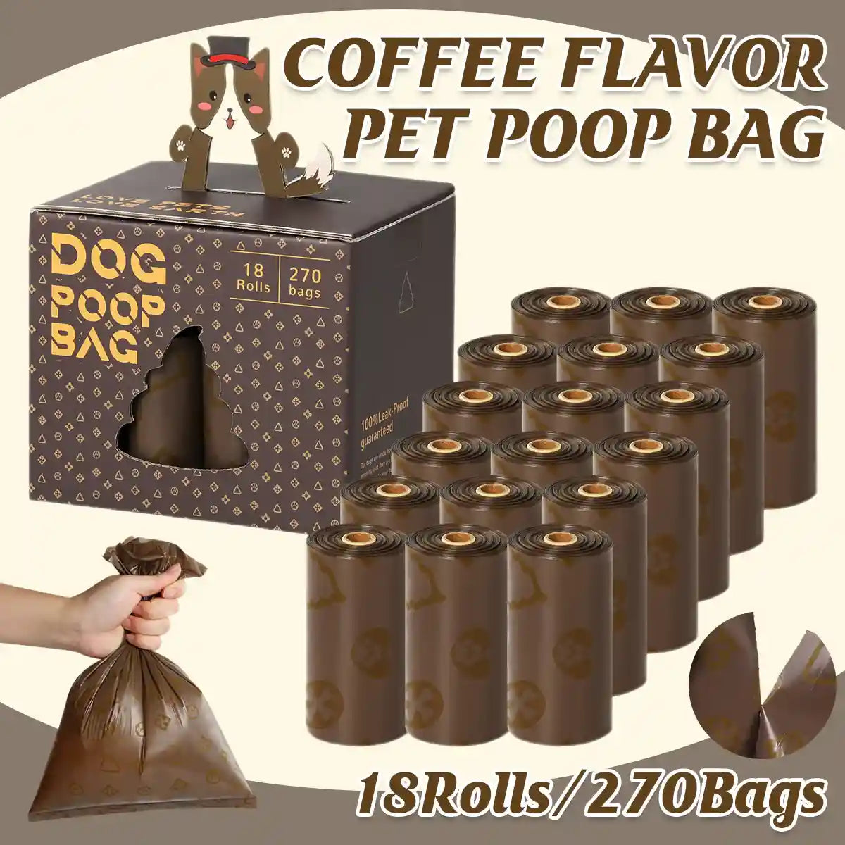 Coffee Scented Pet Poop Bags 270pcs (18 Rolls) Leakproof