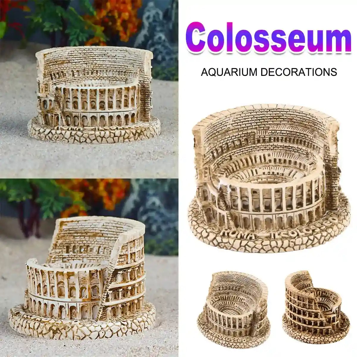 Roman Colosseum aquarium ornament with weathered resin design