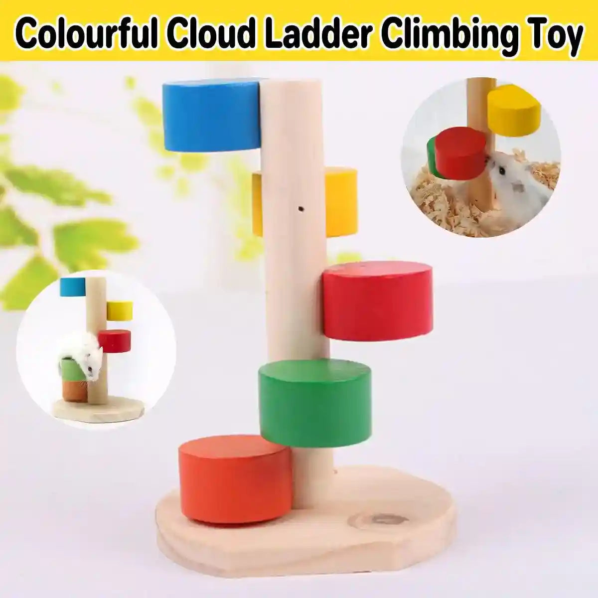 Colorful wooden climbing hamster toy for small pets, designed for play and chewing.
