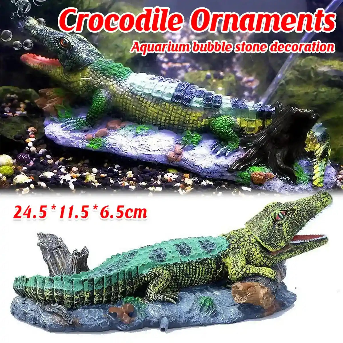 Crocodile aquarium ornament with bubble stone for fish tank oxygenation