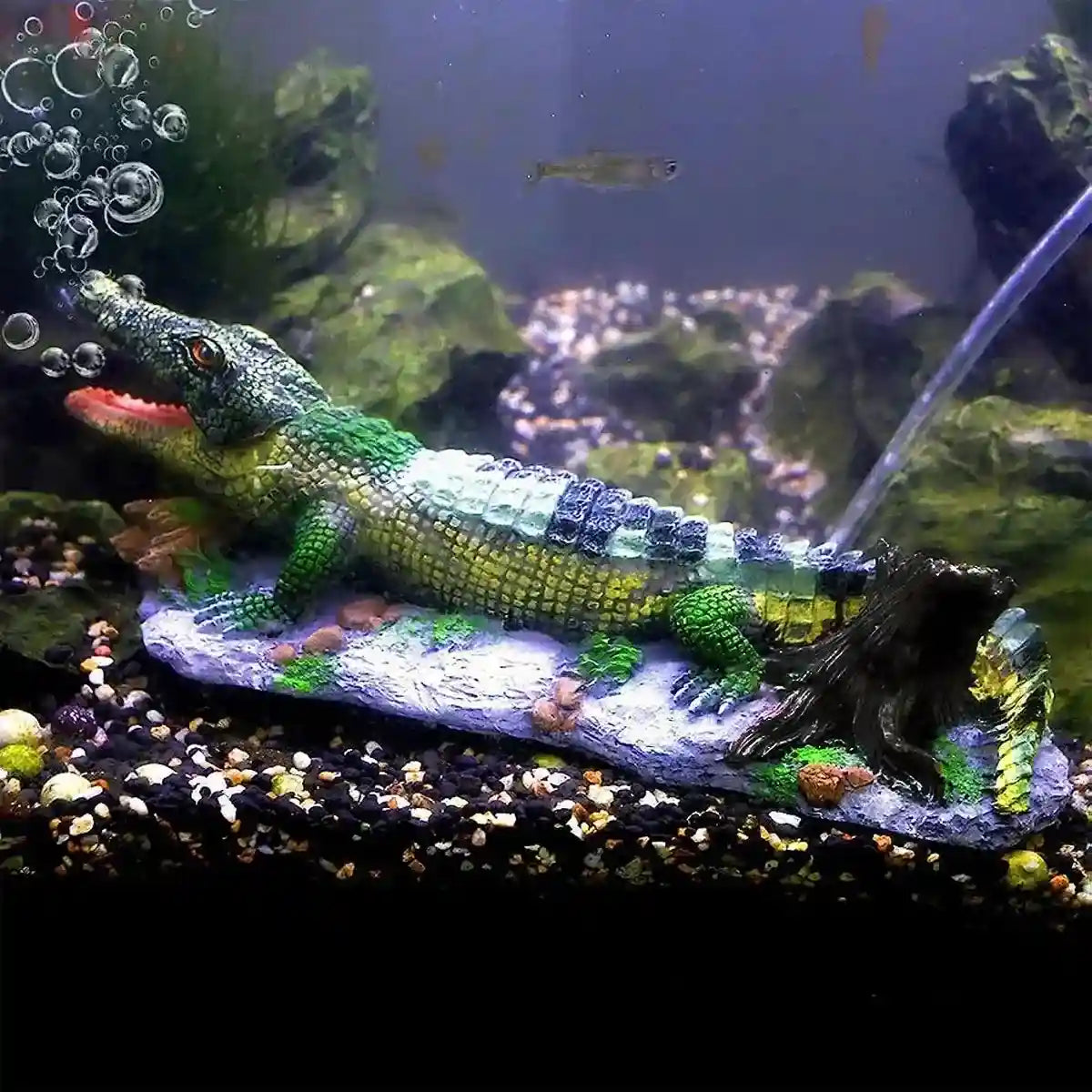 Crocodile Aquarium Ornament with Bubble Stone for Oxygenation