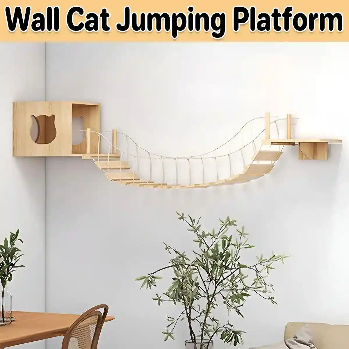 Wall-mounted cat wall furniture with a cat condo, bridge, and platform for climbing and lounging.