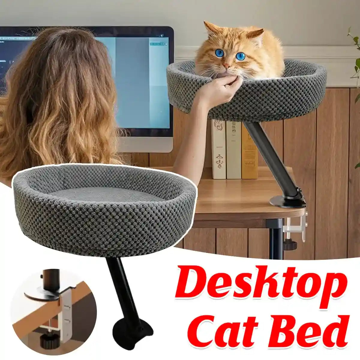 Adjustable Desktop Cat Bed for Table Edge Clamp-On Flannel Cat Lounge