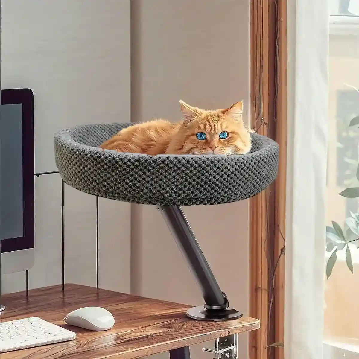 Adjustable Desktop Cat Bed for Table Edge Clamp-On Flannel Cat Lounge