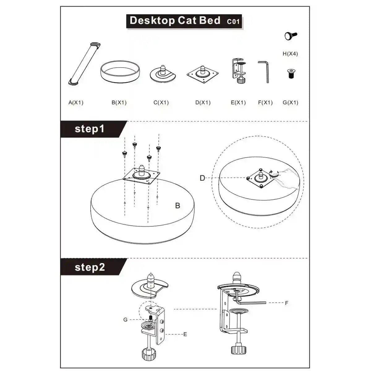Adjustable Desktop Cat Bed for Table Edge Clamp-On Flannel Cat Lounge