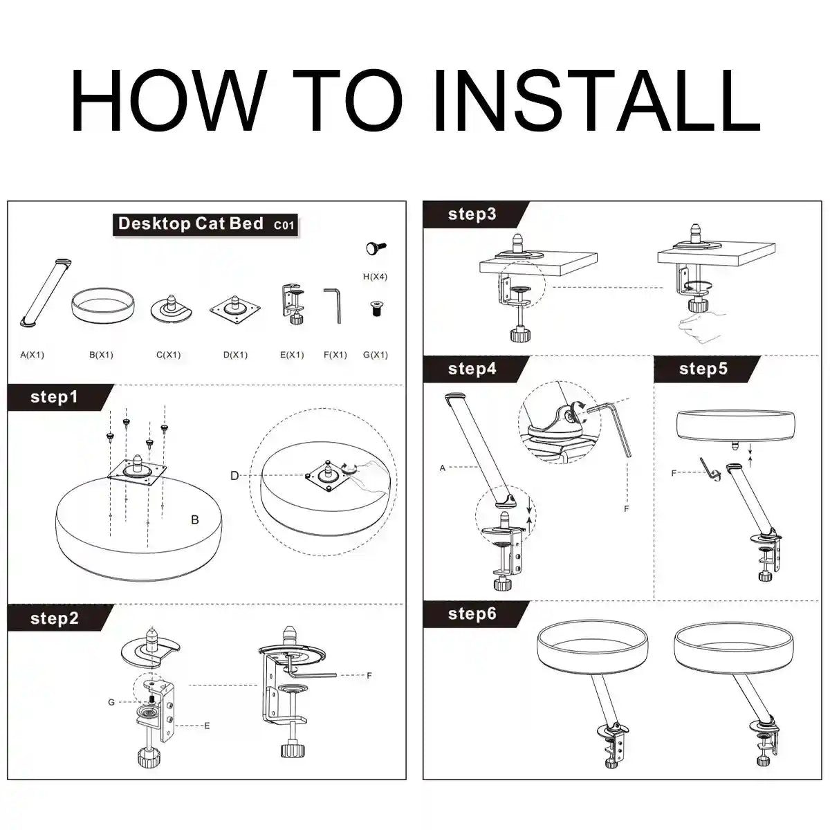 Adjustable Desktop Cat Bed for Table Edge Clamp-On Flannel Cat Lounge
