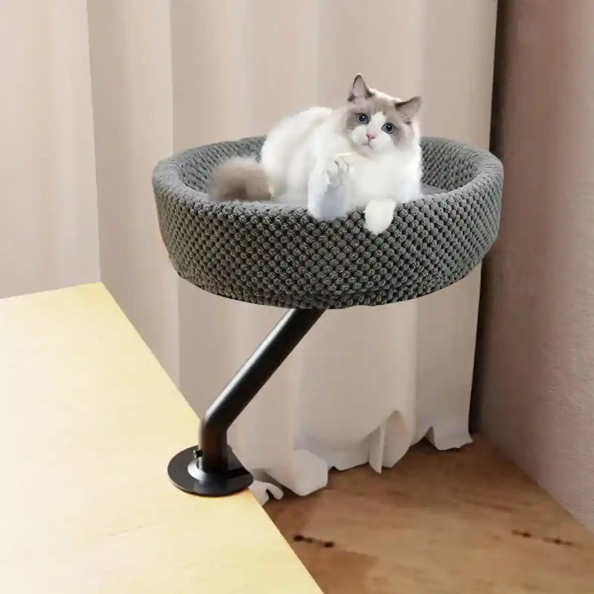 Adjustable Desktop Cat Bed for Table Edge Clamp-On Flannel Cat Lounge
