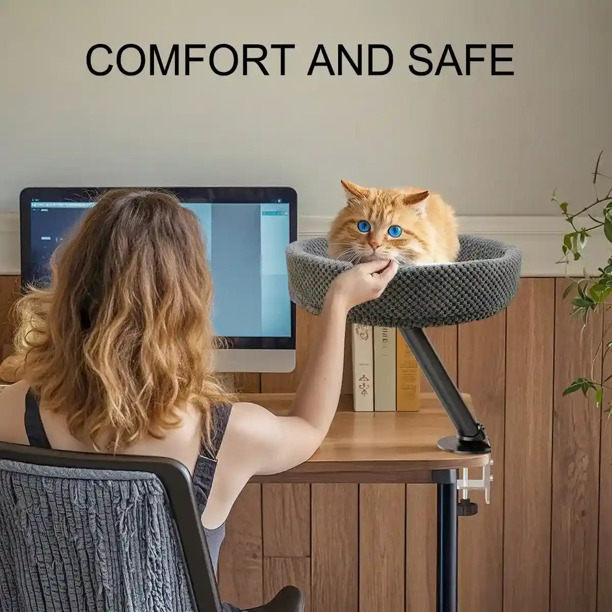 Adjustable Desktop Cat Bed for Table Edge Clamp-On Flannel Cat Lounge