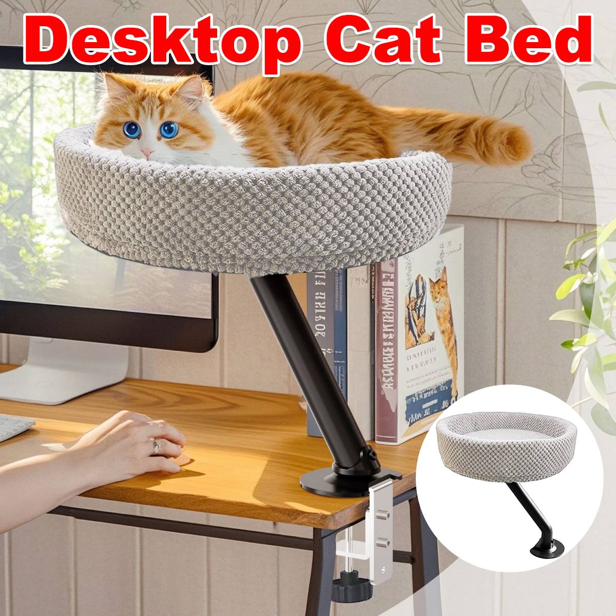 Adjustable Desktop Cat Bed for Table Edge Clamp-On Flannel Cat Lounge