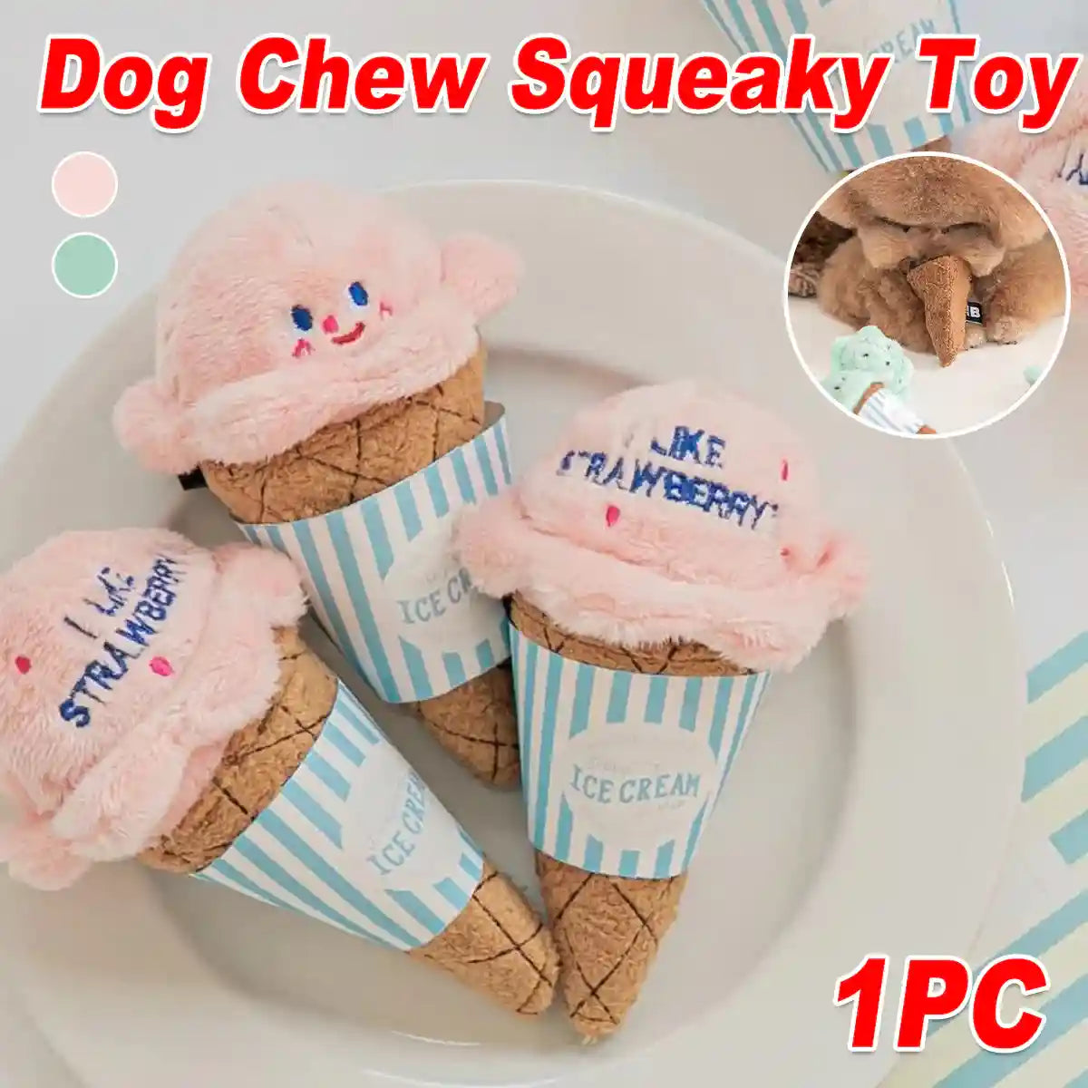 Ice Cream Cone Dog Chew Toy Plush With Squeaker