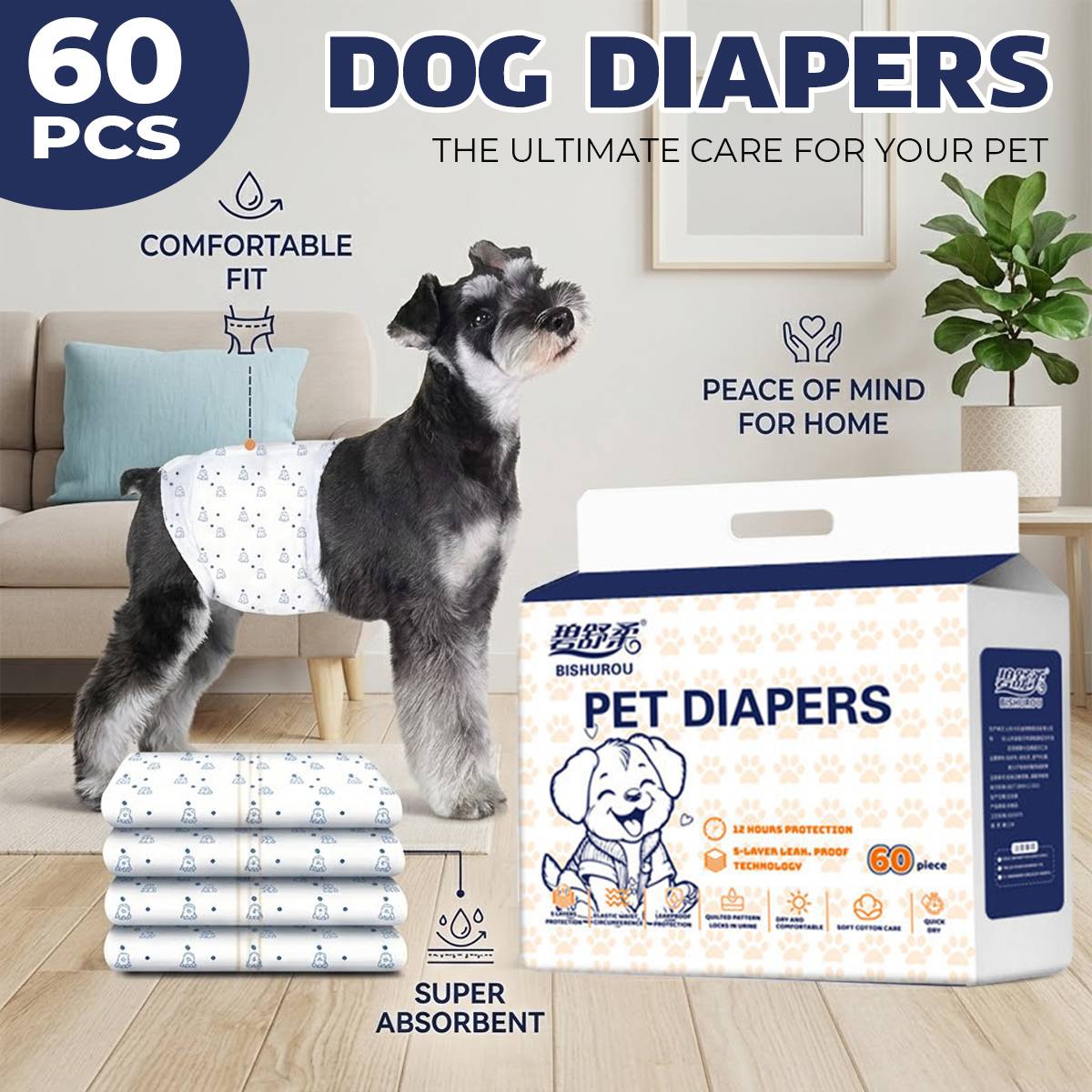 Disposable Dog Diapers 60PCS | Super Absorbent Leak-Proof Pet Nappies