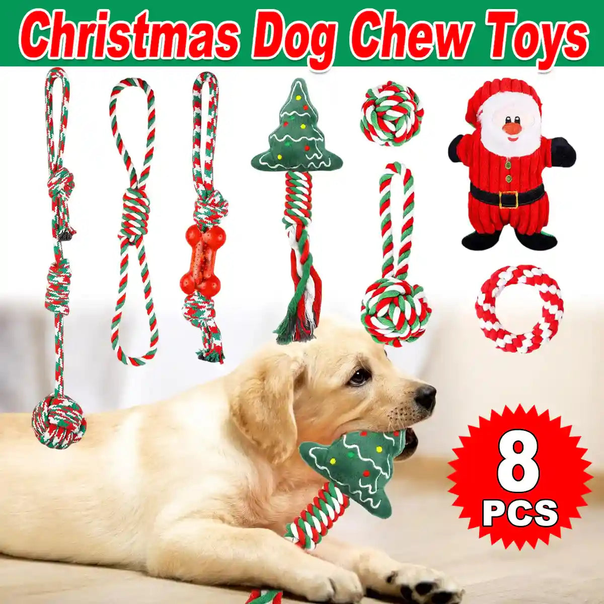 Christmas Dog Toy Set 8pcs Cotton Rope Chew & Play Toys