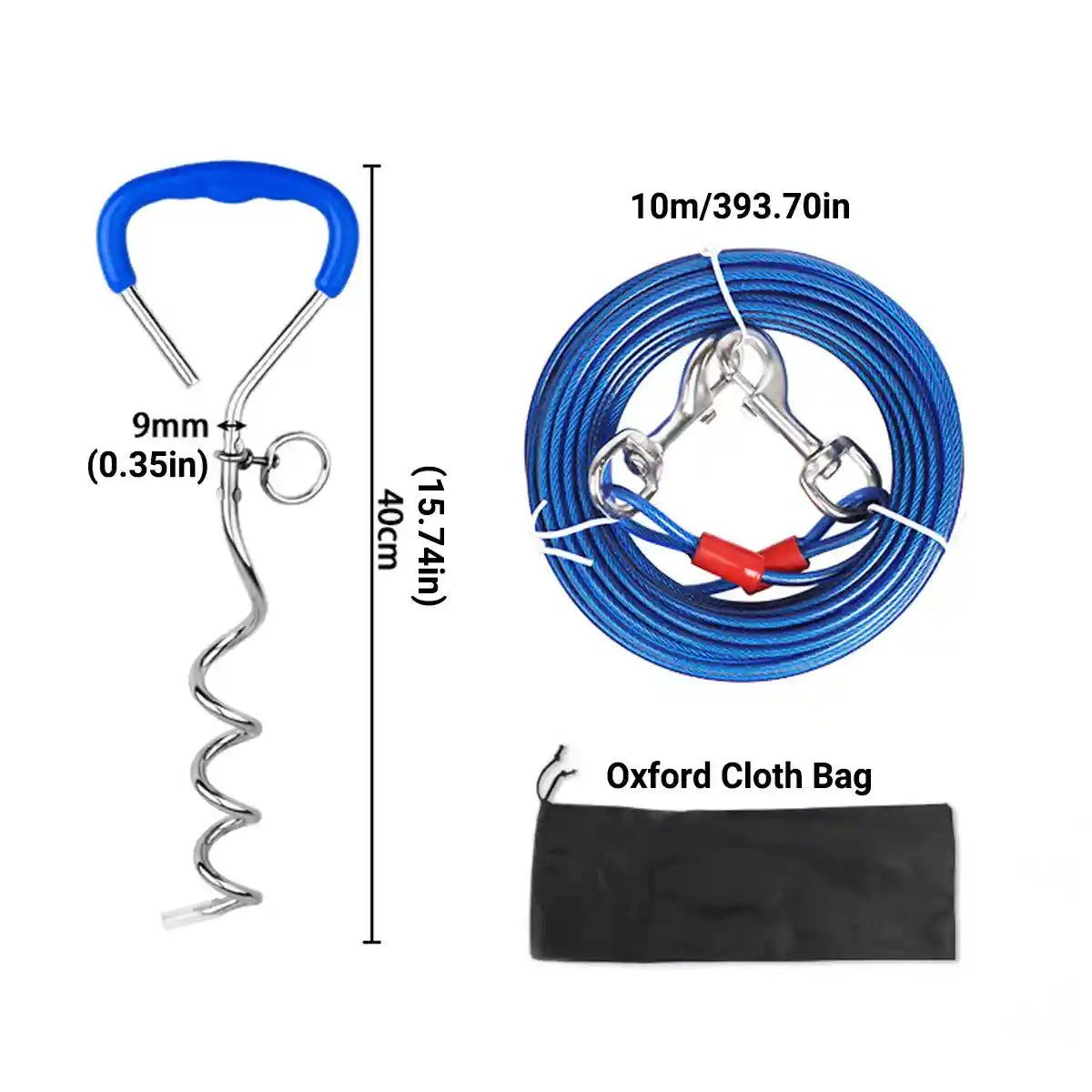 Dog Tie Out Stake Kit for Outdoor Tethering | 10m Cable + Bag