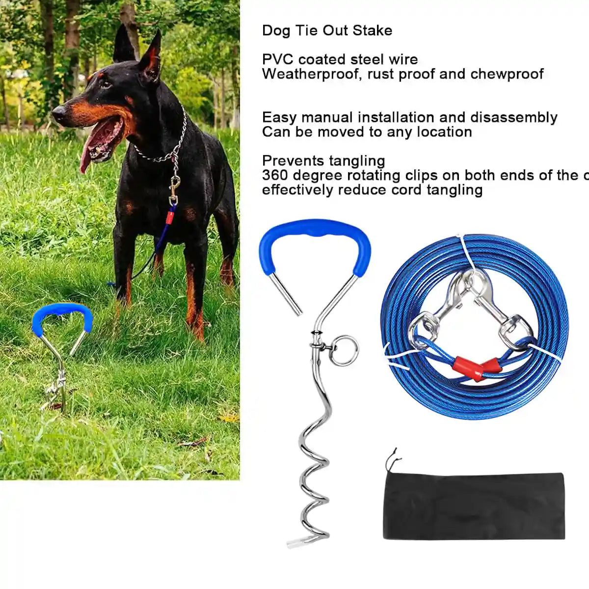 Dog Tie Out Stake Kit for Outdoor Tethering | 10m Cable + Bag