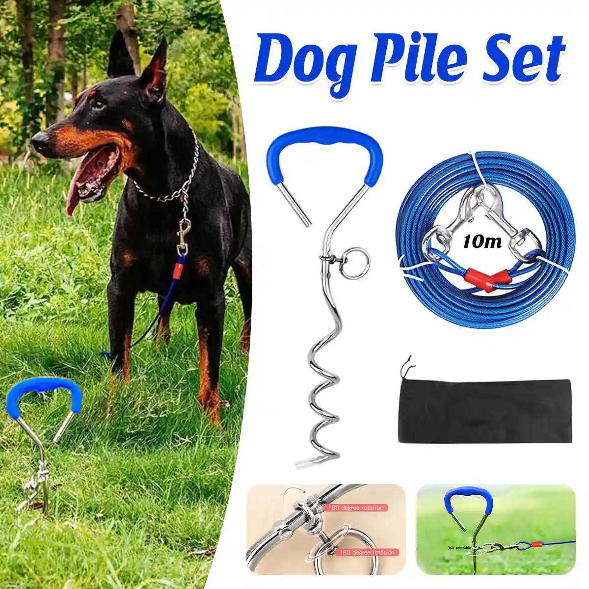 Dog Tie Out Stake Kit for Outdoor Tethering | 10m Cable + Bag