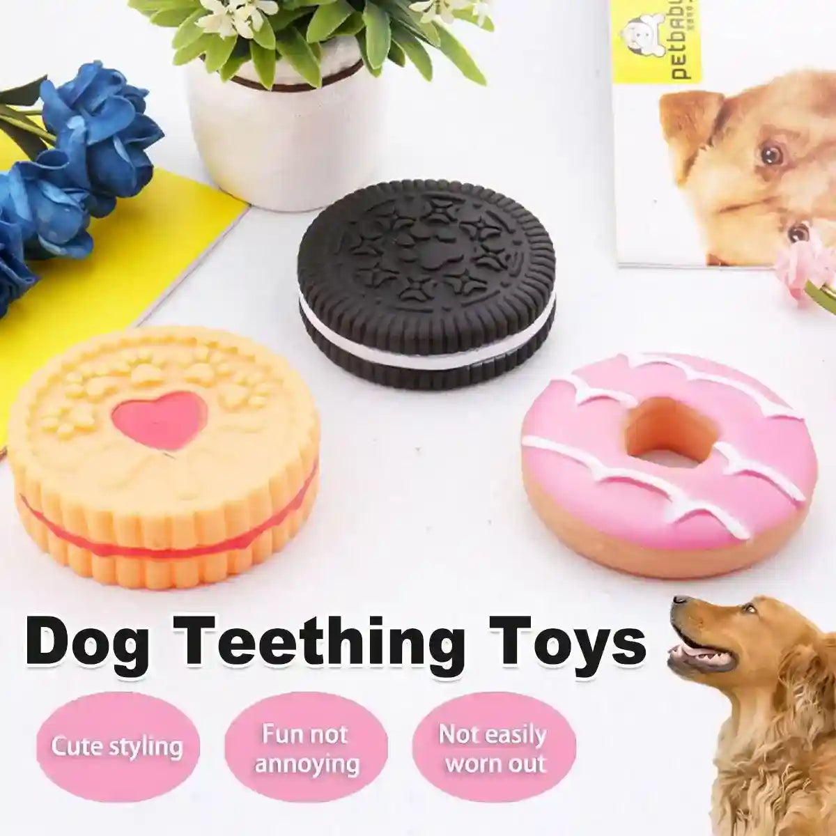 Soft and durable puppy teething toys in cookie, donut, and biscuit shapes for small and medium-sized dogs.