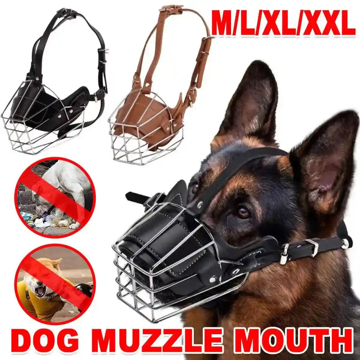 Stainless steel dog mouth guard with breathable wire basket and adjustable straps for comfort.